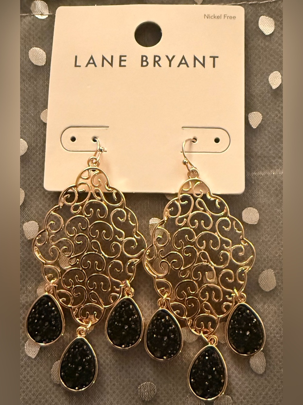 Lane Bryant Gold Filigree Chandelier Earrings with Black Teardrops